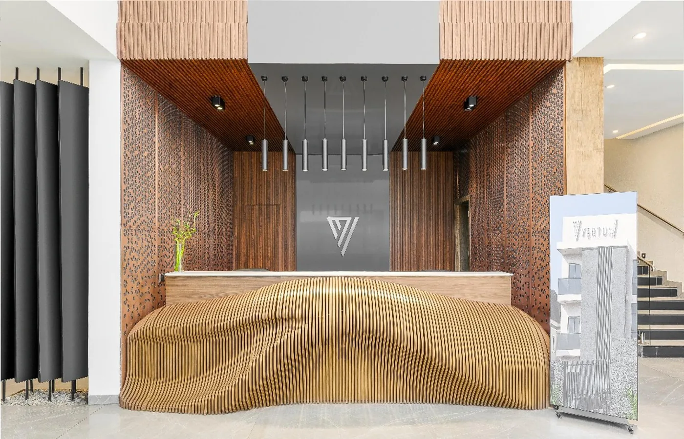 Reception lobby with wave-form wooden desk